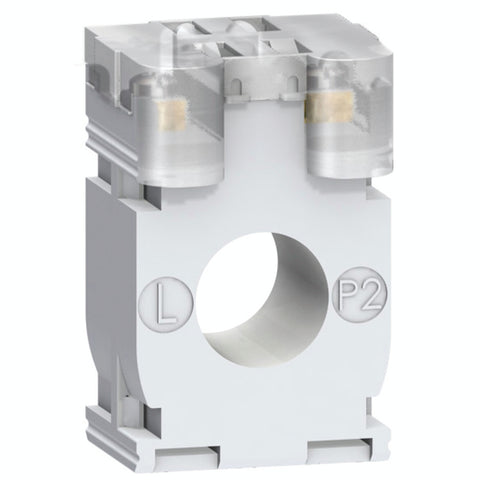 Transformador de Corriente 200A y Corriente Secundario 5A, con Forma Interna Tipo CC para Diámetro del Cable ⌀21mm de Marca Schneider de Linea Powerlogic (METSECT5CC020) de Dimensiones externas 44x65x30mm.
