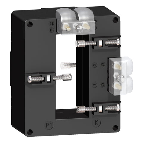 Transformador de Corriente 1500A y Corriente Secundario 5A, con Forma Interna Tipo DD de Marca Schneider de Linea Powerlogic (METSECT5DD150) de Dimensiones externas 96x116x58mm y de la barra 34x84mm.