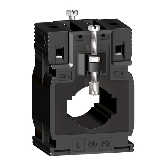 Transformador de Corriente 150A y Corriente Secundario 5A, con Forma Interna Tipo MA para Diámetro del Cable ⌀27mm de Marca Schneider de Linea Powerlogic (METSECT5MA015) de Dimensiones externas 56x80x43mm y de la barra 10x32mm - 15x25mm.