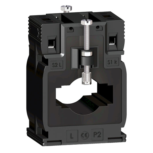 Transformador de Corriente 300A y Corriente Secundario 5A, con Forma Interna Tipo MB para Diámetro del Cable ⌀26mm de Marca Schneider de Linea Powerlogic (METSECT5MB030) de Dimensiones externas 60x85x43mm y de la barra 12x40mm - 15x32mm.