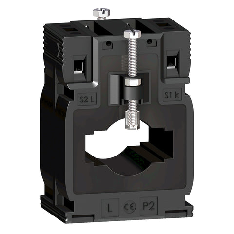 Transformador de Corriente 300A y Corriente Secundario 5A, con Forma Interna Tipo MB para Diámetro del Cable ⌀26mm de Marca Schneider de Linea Powerlogic (METSECT5MB030) de Dimensiones externas 60x85x43mm y de la barra 12x40mm - 15x32mm.