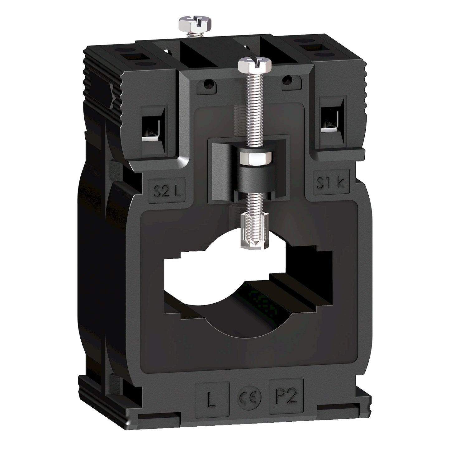 Transformador de Corriente 400A y Corriente Secundario 5A, con Forma Interna Tipo MB para Diámetro del Cable ⌀26mm de Marca Schneider de Linea Powerlogic (METSECT5MB040) de Dimensiones externas 60x85x43mm y de la barra 12x40mm - 15x32mm.