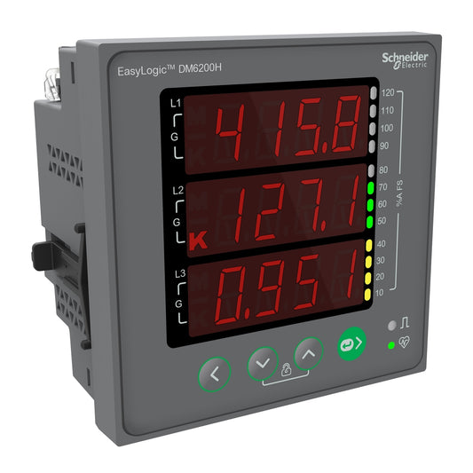 Medidor Digital Multifunción con Pantalla Tipo LED de Marca Schneider Electric de Linea EasyLogic DM6200H (METSEDM6200HCL10RS) de Dimensiones 96x96mm.