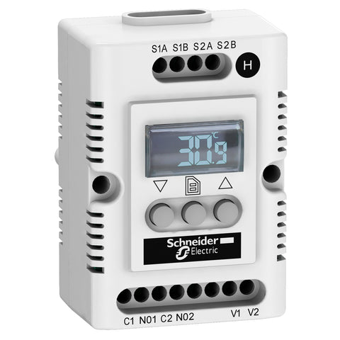 Higrostato Electrónico con Pantalla LED de Rango de Ajuste de Humedad Hr 20-80%, Tensión 110-127VAC. Componente de Marca Schneider Electric (NSYCCOHY120VID). 