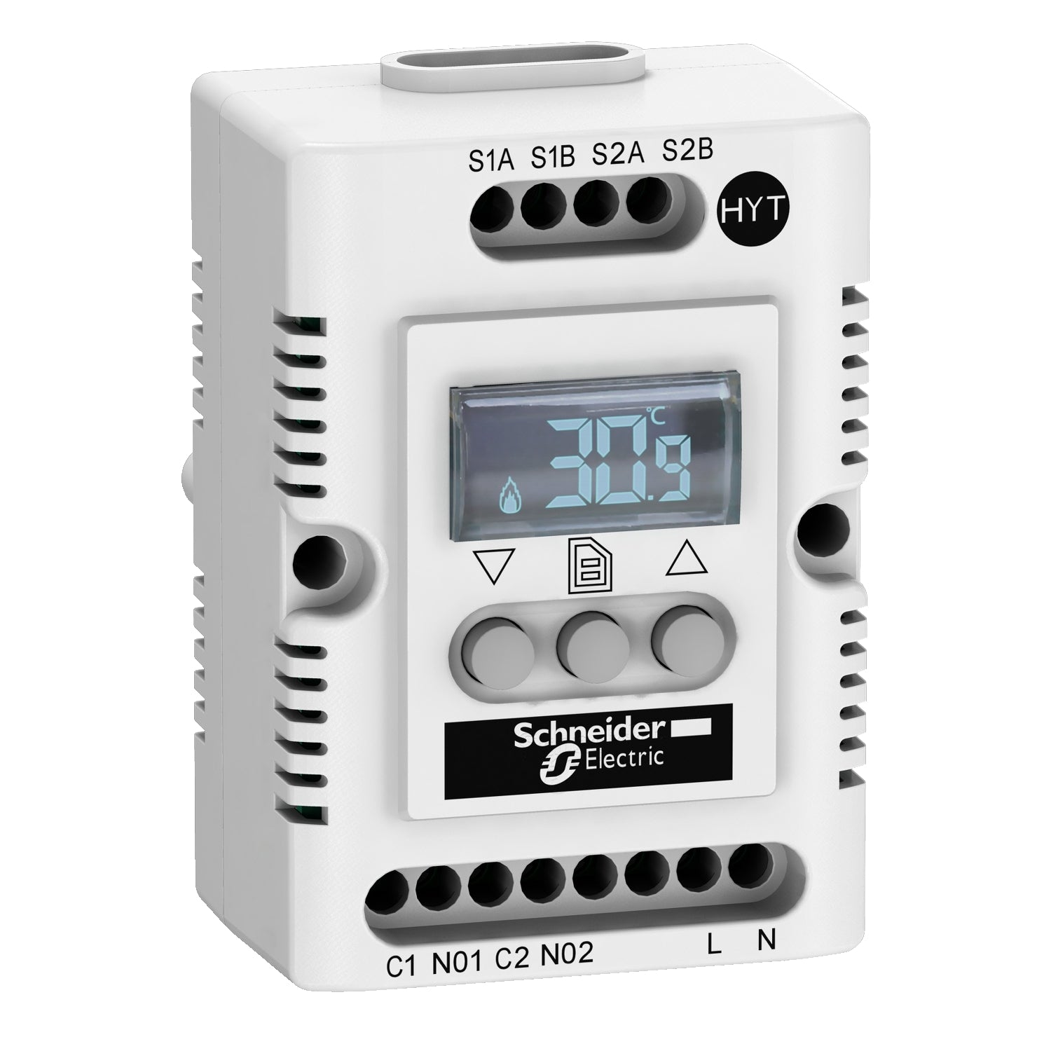 Higrostato Electrónico con Pantalla LED de Rango de Ajuste de -40 a +80°C y Hr 20-80% de Tensión 110-127VAC. Componente de Marca Schneider Electric (NSYCCOHYT120VID). 