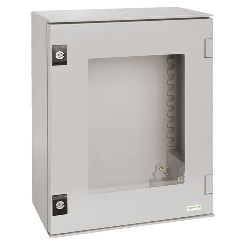 Tablero Eléctrico Mural de Poliester Reforzado con Fibra de Vidrio con Puerta Transparente de Marca Schneider Electric de Serie Thalasa PLM (NSYPLM86TG) de Dimensiones 847x636x300mm, Peso 18.0kg y Grado de Protección IP66. Compra en FCM