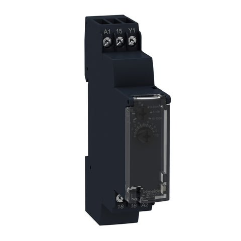 Relé Temporizador con Temporización a la Conexión 0.1s-100h de Marca Schneider Electric de Serie Zelio Time (RE17RAMU), Alimentación 24VDC/ 24-240VAC, Salida 1NANC.