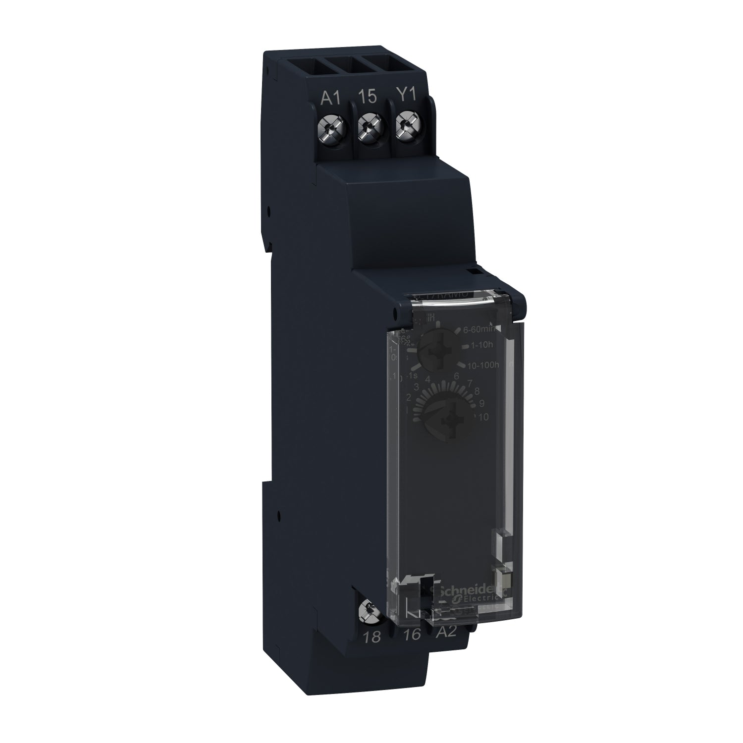 Relé Temporizador con Temporización a la Desconexión 0.05s-300h de Marca Schneider Electric de Serie Zelio Time (RE17RCMU), Alimentación 24VDC/ 24-240VAC, Salida 1NANC.