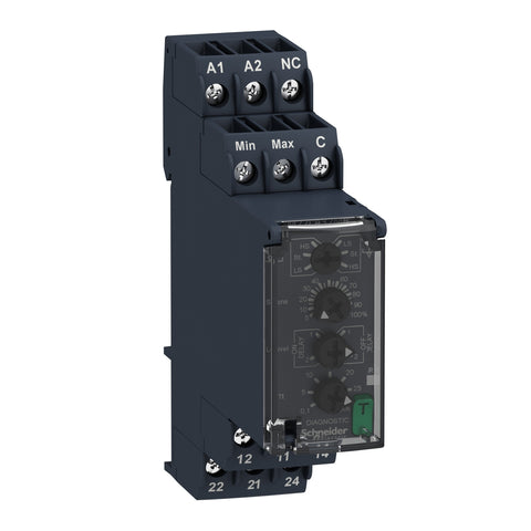 Relé de Control de Corriente con Salidas: 2NANC, 5A de Marca Schneider Electric de Serie Zelio Control (RM22LA32MR) de Sensibilidad 250-5000 Ohm, Delay 0.1-30s, Alimentación 24-240 VAC, Limites de Alimentación -15% +10%, Frecuencia  50-60Hz, IP50.