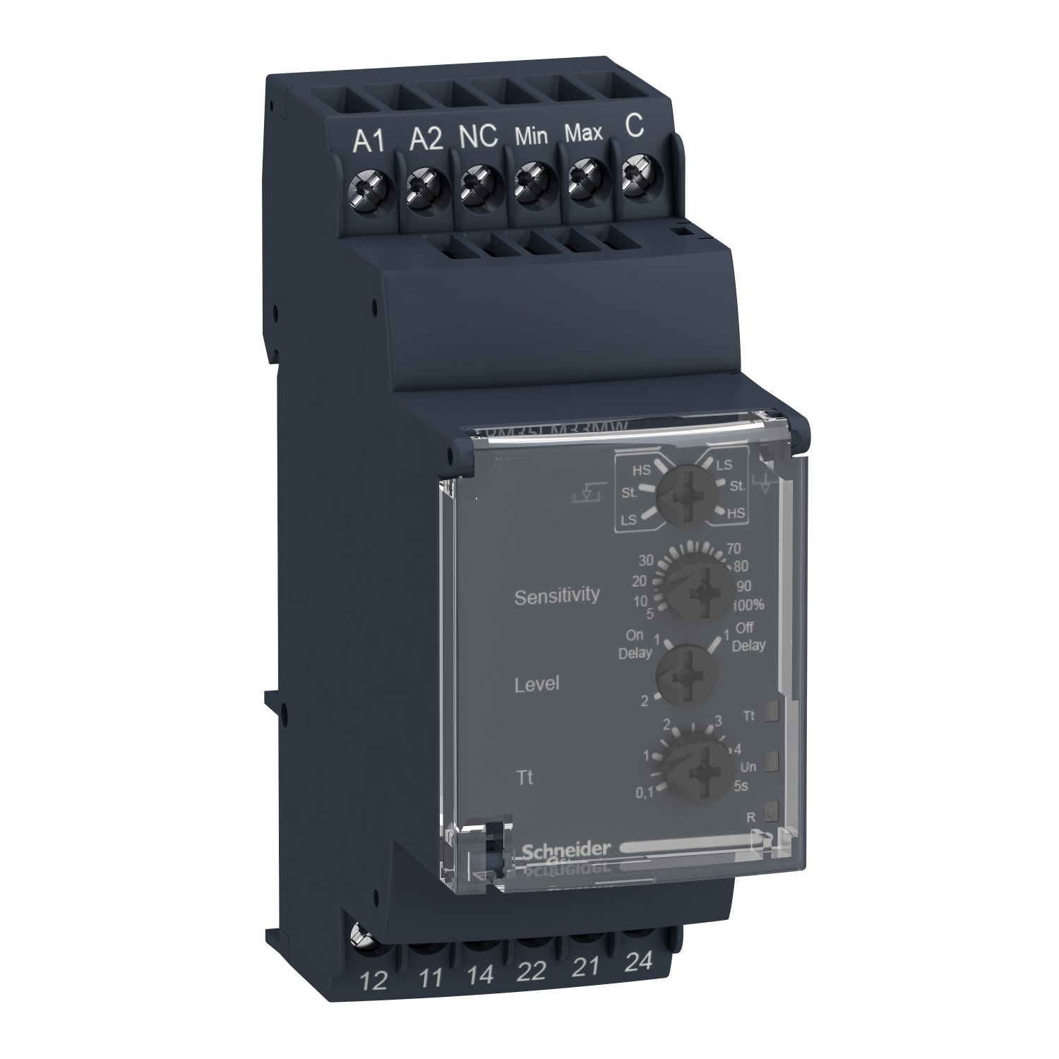 Relé de Control de Corriente con Salidas: 2NANC, 5A de Marca Schneider Electric de Serie Zelio Control (RM35LM33MW) de Sensibilidad 250-5000 Ohm, Delay 0.1-5s, Alimentación 24-240 VAC, Limites de Alimentación -15% +10%, Frecuencia  50-60Hz, IP30.