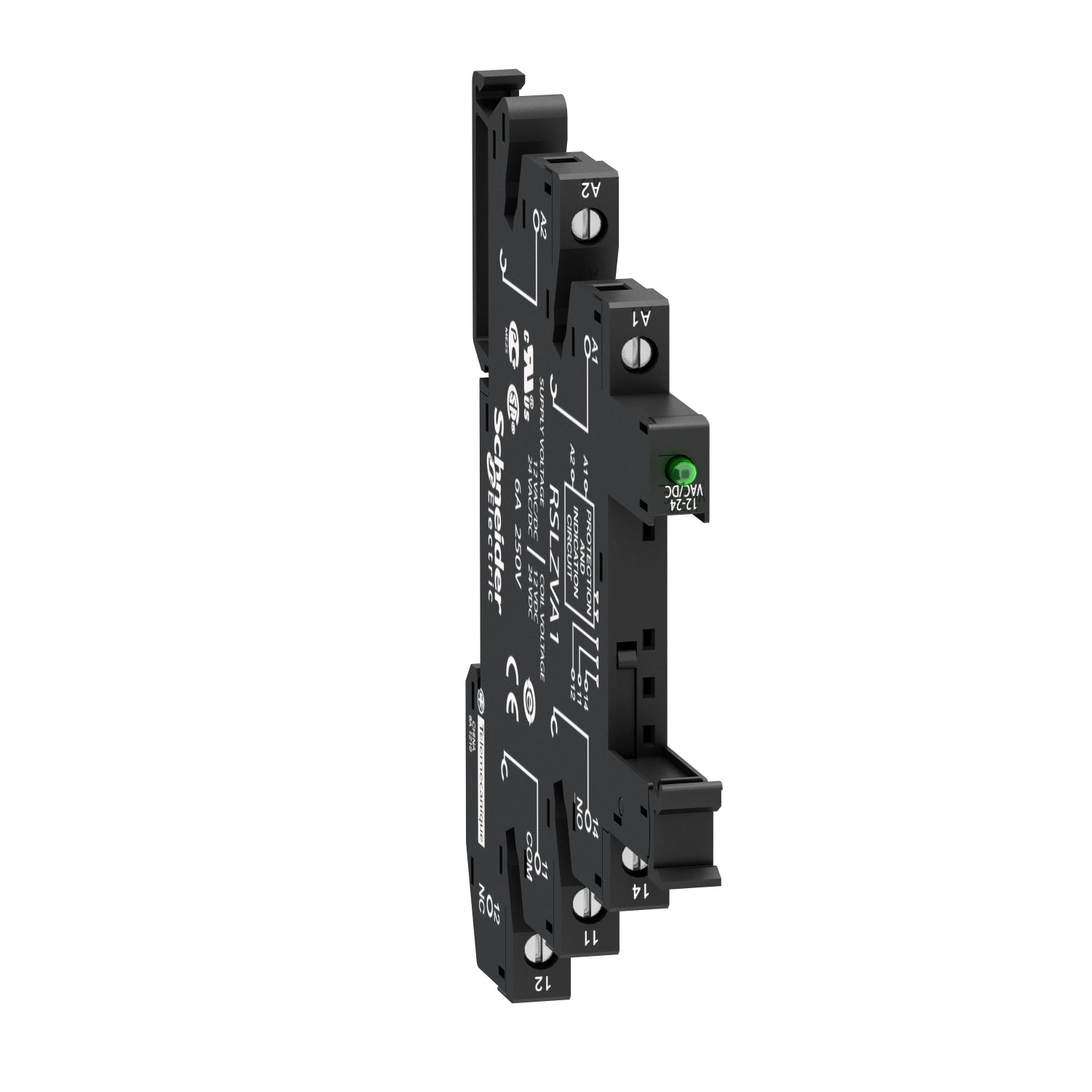 Socket Equipado con LED y Circuito de Protección de Marca Schneider Electric de Línea Zelio Relay RSL (RSLZVA1) con Voltaje en Bornes del Relé 24VDC y de Entrada 12-24VAC/DC. Grado de Protección IP20. Asociar con Relé RSL1B4BD. Compra en FCM.