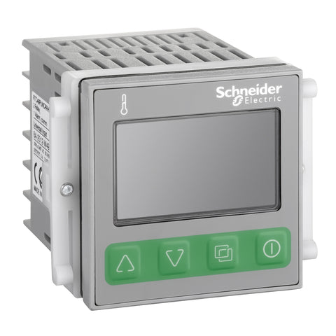 Controlador de Temperatura de Marca Schneider Electric de Serie Zelio Control RTC48 (RTC48PUNCSNHU) de Dimensión 48x48mm con Alimentación 100-240VAC, con Alarma+Modbus y Salida SSR. 