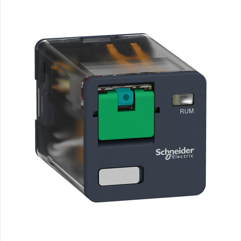 Relé Enchufable de Marca Schneider Electric de Línea Zelio Relay RUM (RUMC21BD) con Voltaje de Control 24VDC, Composición de Contactos 2NANC (8 Pines), Corriente Térmica Nominal 10A y Grado de Protección IP40. Compra en FCM.