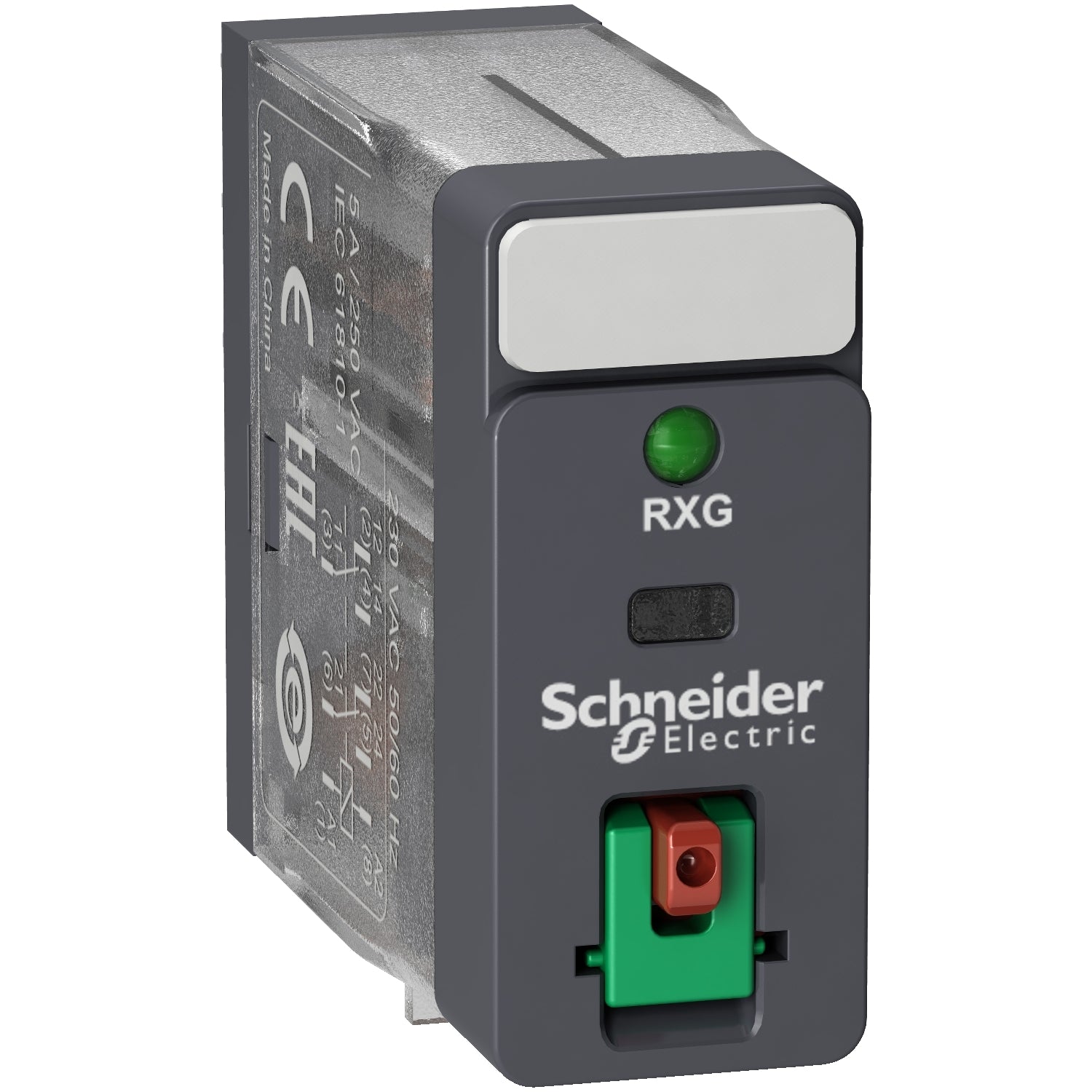 Relé Enchufable de Marca Schneider Electric de Línea Zelio Relay RXG (RXG22P7) con Voltaje de Control 220VAC, Composición de Contactos 2NANC, Corriente Térmica Nominal 5A y Grado de Protección IP40. Asociar con Socket RGZE1S48M. Compra en FCM.