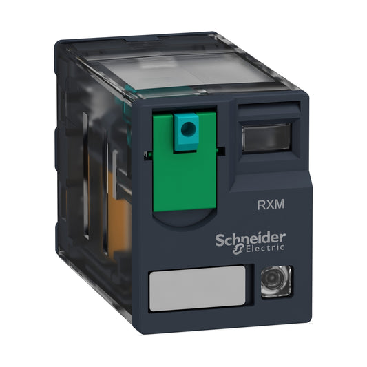 Relé Enchufable con Indicador LED de Marca Schneider Electric de Línea Zelio Relay RXM (RXM2AB2BD) con Voltaje de Control 24VDC, Composición de Contactos 2NANC (8 Pines), Corriente Térmica Nominal 12A y Grado de Protección IP40. Compra en FCM.