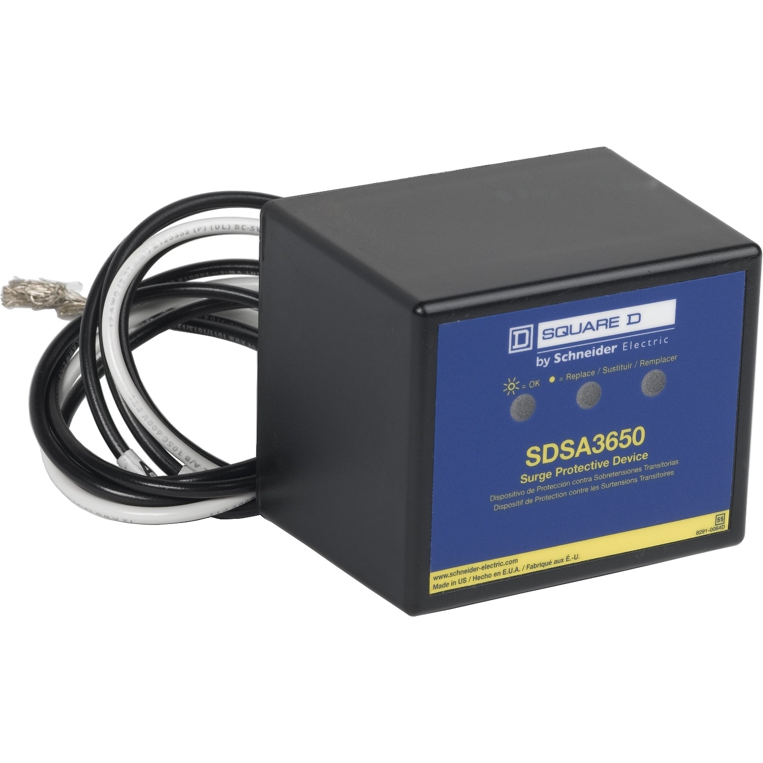 Supresor de Sobretensión Trifásico Configurable con 3 Cables, con protección hasta 600VAC y Corriente Transitoria Máxima por fase 40kA de Marca Schneider Electric (SDSA3650D)
