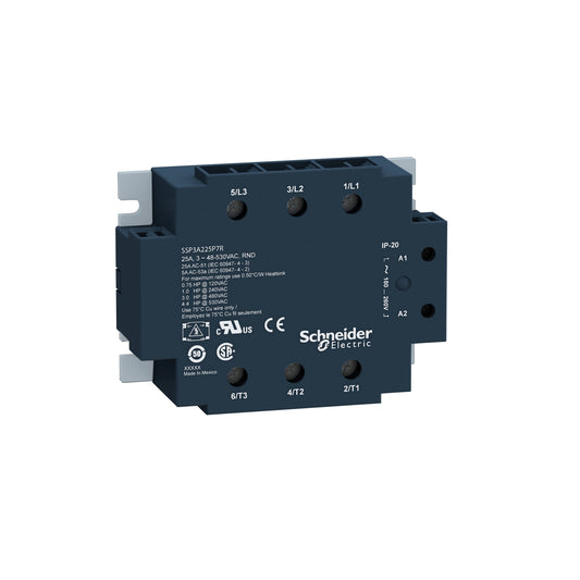Relé de Estado Sólido Trifásico de Marca Schneider Electric de Línea Zelio Relay SSP (SSP3A250P7T) con Voltaje de Control 180-280VAC y de Carga 48-530VAC. Conmutación es Cruce por cero, Corriente Nominal 50A con Parche Térmico y Grado de Protección IP20. Montaje en Panel. Compra en FCM.