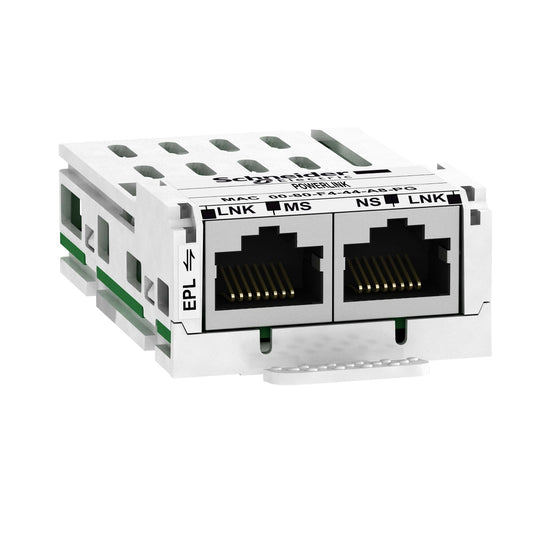 Módulo de Comunicación Ethernet POWERLINK con 2 Conexiones RJ45. Accesorio para Variadores de Velocidad Altivar 320 de Marca Schneider Electric (VW3A3619)