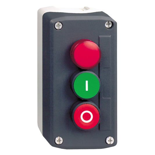 Botonera en Caja Plástica de 2 Pulsadores “I” y “O”  de impulso y 1 Piloto Luminoso con LED Rojo Integrado (230VAC) de Marca Schneider Electric de Serie Harmony XALD (XALD363M