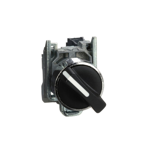 Selector con Manija Estándar de 2 Posiciones Fijas de Marca Schneider Electric de Serie Harmony XB4 (XB4BD21) con ø22m de Montaje, Cuerpo Metálico, Contacto NA, Color Negro.