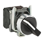 Selector con Manija Estándar de 2 Posiciones Fijas de Marca Schneider Electric de Serie Harmony XB4 (XB4BD25) con ø22m de Montaje, Cuerpo Metálico, Contacto NA+NC, Color Negro.