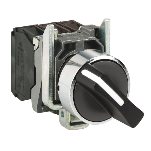 Selector con Manija Estándar de 2 Posiciones Fijas de Marca Schneider Electric de Serie Harmony XB4 (XB4BD25) con ø22m de Montaje, Cuerpo Metálico, Contacto NA+NC, Color Negro.