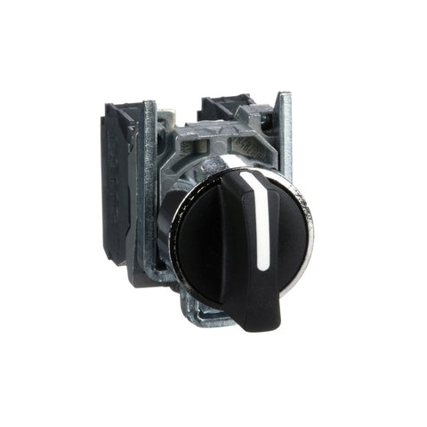 Selector con Manija Estándar de 3 Posiciones, 2 con Retorno al centro de Marca Schneider Electric de Serie Harmony XB4 (XB4BD53) con ø22m de Montaje, Cuerpo Metálico, Contacto 2NA, Color Negro.