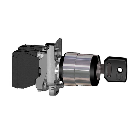 Selector con Enclavamiento con Llave No.455 de 3 Posiciones Fijas de Marca Schneider Electric de Serie Harmony XB4 (XB4BG33) con ø22m de Montaje, Cuerpo Metálico, Contacto 2NA, Color Negro.