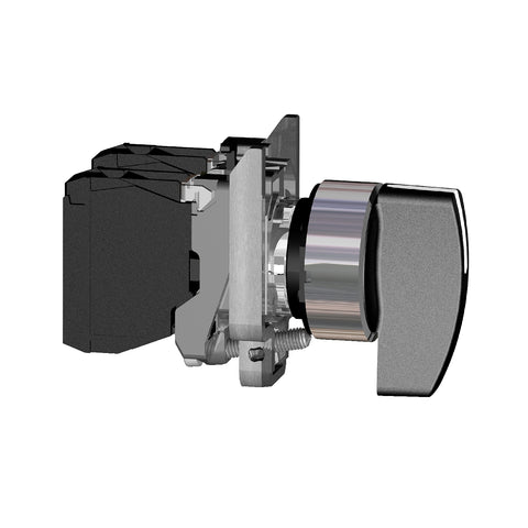 Selector con Manija Larga de 2 Posiciones Fijas de Marca Schneider Electric de Serie Harmony XB4 (XB4BJ21) con ø22m de Montaje, Cuerpo Metálico, Contacto NA, Color Negro.