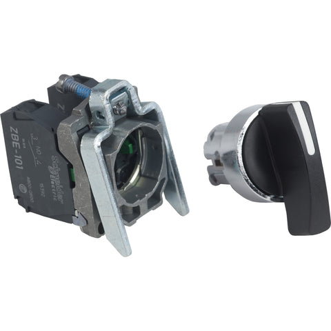 Selector con Manija Larga de 3 Posiciones, 3 con Retorno al Centro de Marca Schneider Electric de Serie Harmony XB4 (XB4BJ53) con ø22m de Montaje, Cuerpo Metálico, Contacto 2NA, Color Negro
