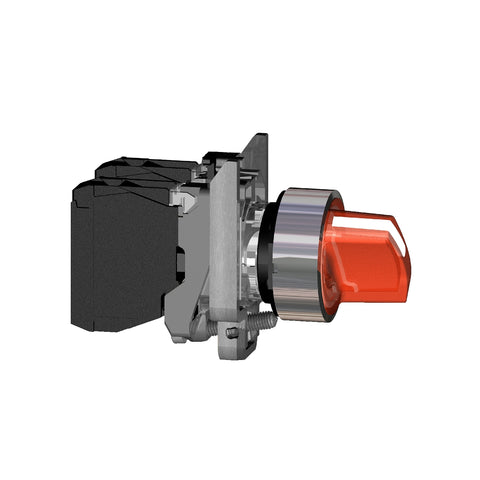 Selector Luminoso LED de 2 Posiciones Fijas de Marca Schneider Electric de Serie Harmony XB4 (XB4BK124M5) con ø22m de Montaje, Cuerpo Metálico, Contacto NA+NC, Alimentación 230-240VAC, Color Rojo.