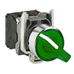 Selector Luminoso LED de 3 Posiciones Fijas de Marca Schneider Electric de Serie Harmony XB4 (XB4BK133B5) con ø22m de Montaje, Cuerpo Metálico, Contacto NA+NC, Alimentación 24 VAC/VDC, Color Verde.