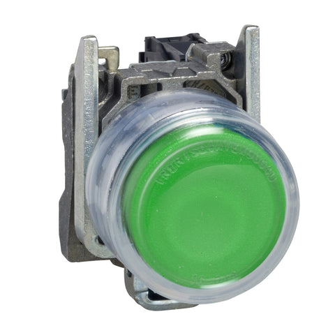 Pulsador Completo con Capuchón de Marca Schneider Electric de Serie Harmony XB4 (XB4BP31) con ø22m de Montaje, Cuerpo Metálico, Tipo de Operatorio Retorno de Resorte, Saliente, Color Verde, Contacto Marcha NA.