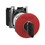 Parada de Emergencia de ø40mm de Marca Schneider Electric de Serie Harmony XB4 (XB4BS9442) con ø22m de Montaje, Cuerpo Metálico, Tipo Hongo Color Rojo, Tipo de Reset Enclavamientg por Llave  Contacto NC.