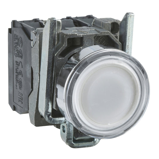 Pulsador Completo Luminoso LED de Marca Schneider Electric de Serie Harmony XB4 (XB4BW31B5) con ø22m de Montaje, Cuerpo Metálico, Tipo de Operatorio Retorno de Resorte, Rasante, Alimentación 24V, Color Blanco, Contactos 1NA+1NC.