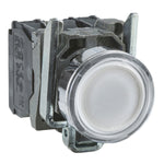 Pulsador Completo Luminoso LED de Marca Schneider Electric de Serie Harmony XB4 (XB4BW31B5) con ø22m de Montaje, Cuerpo Metálico, Tipo de Operatorio Retorno de Resorte, Rasante, Alimentación 24V, Color Blanco, Contactos 1NA+1NC.