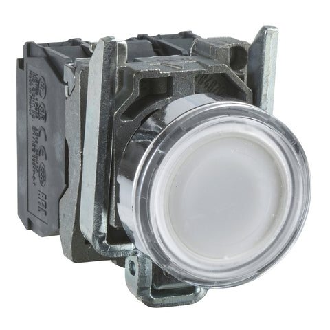 Pulsador Completo Luminoso LED de Marca Schneider Electric de Serie Harmony XB4 (XB4BW31B5) con ø22m de Montaje, Cuerpo Metálico, Tipo de Operatorio Retorno de Resorte, Rasante, Alimentación 24V, Color Blanco, Contactos 1NA+1NC.