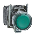 Pulsador Completo Luminoso LED de Marca Schneider Electric de Serie Harmony XB4 (XB4BW33B5) con ø22m de Montaje, Cuerpo Metálico, Tipo de Operatorio Retorno de Resorte, Rasante, Alimentación 24V, Color Verde, Contactos 1NA+1NC