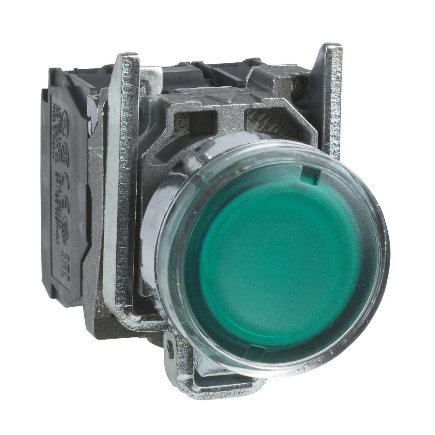 Pulsador Completo Luminoso LED de Marca Schneider Electric de Serie Harmony XB4 (XB4BW33G5) con ø22m de Montaje, Cuerpo Metálico, Tipo de Operatorio Retorno de Resorte, Rasante, Alimentación 120V, Color Verde, Contactos 1NA+1NC.