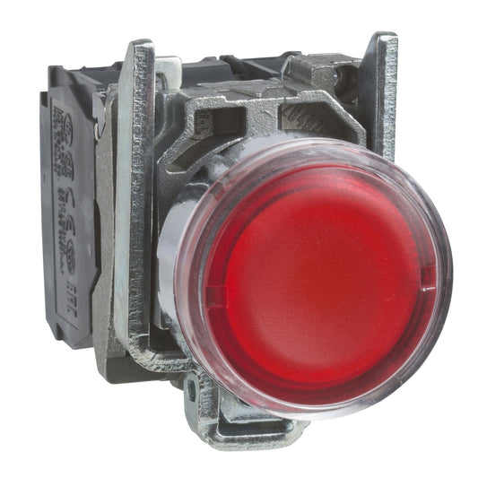 Pulsador Completo Luminoso LED de Marca Schneider Electric de Serie Harmony XB4 (XB4BW34B5) con ø22m de Montaje, Cuerpo Metálico, Tipo de Operatorio Retorno de Resorte, Rasante, Alimentación 24V, Color Rojo, Contactos 1NA+1NC.