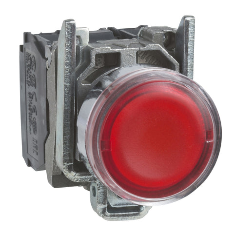 Pulsador Completo Luminoso LED de Marca Schneider Electric de Serie Harmony XB4 (XB4BW34M5) con ø22m de Montaje, Cuerpo Metálico, Tipo de Operatorio Retorno de Resorte, Rasante, Alimentación 220V, Color Rojo, Contactos 1NA+1NC.