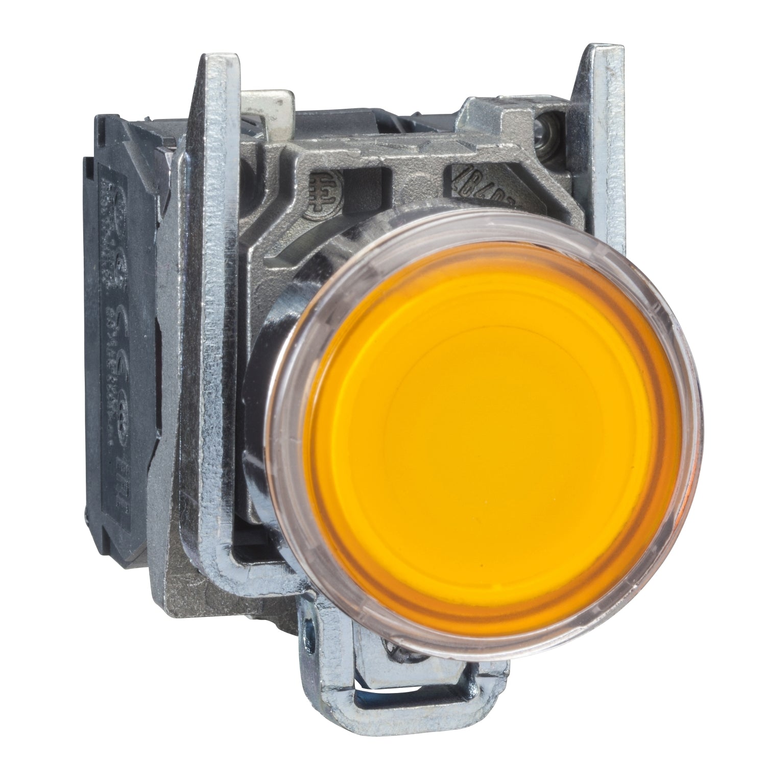 Pulsador Completo Luminoso LED de Marca Schneider Electric de Serie Harmony XB4 (XB4BW35B5) con ø22m de Montaje, Cuerpo Metálico, Tipo de Operatorio Retorno de Resorte, Rasante, Alimentación 24V, Color Amarillo, Contactos 1NA+1NC.