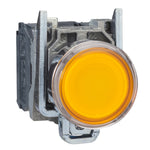 Pulsador Completo Luminoso LED de Marca Schneider Electric de Serie Harmony XB4 (XB4BW35G5) con ø22m de Montaje, Cuerpo Metálico, Tipo de Operatorio Retorno de Resorte, Rasante, Color Amarillo, Contactos 1NA+1NC.