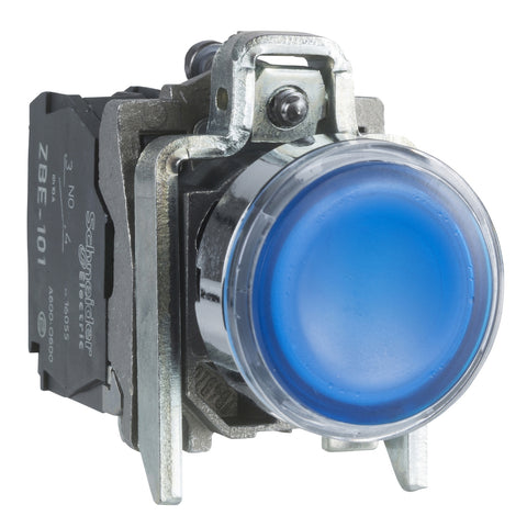 Pulsador Completo Luminoso LED de Marca Schneider Electric de Serie Harmony XB4 (XB4BW36B5) con ø22m de Montaje, Cuerpo Metálico, Tipo de Operatorio Retorno de Resorte, Rasante, Alimentación 24V, Color Azul, Contactos 1NA+1NC.