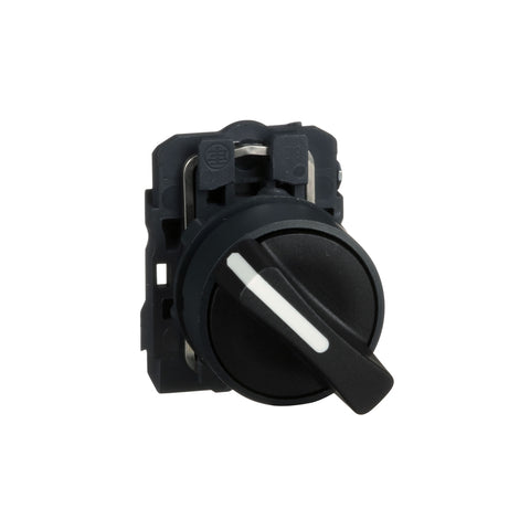 Selector con Manija Estándar de 2 Posiciones Fijas de Marca Schneider Electric de Serie Harmony XB5 (XB5AD21) con ø22m de Montaje, Cuerpo Plástico, Contacto NA, Color Negro.