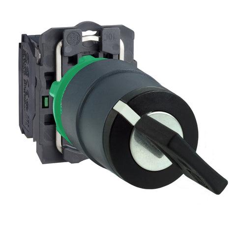 Selector con Manija Estándar de 3 Posiciones - 2 con Retorno al Centro de Marca Schneider Electric de Serie Harmony XB5 (XB5AD53) con ø22m de Montaje, Cuerpo Plástico, Contacto 2NA, Color Negro.