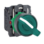 Selector Luminoso LED Verde de 2 Posiciones Fijas de Marca Schneider Electric de Serie Harmony XB5 (XB5AK123M5) con ø22m de Montaje, Cuerpo Plástico, Contacto NA+NC. Alimentación 230-240VAC.