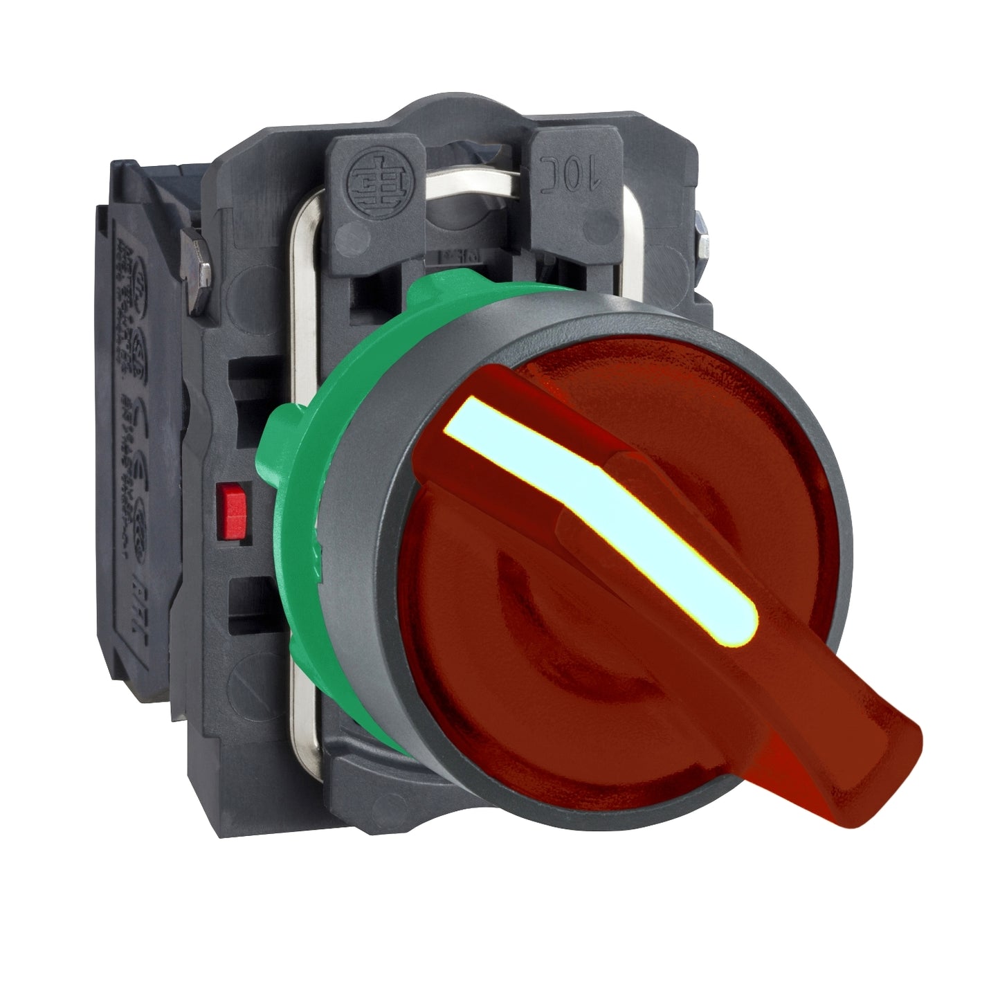 Selector Luminoso LED Rojo de 2 Posiciones Fijas de Marca Schneider Electric de Serie Harmony XB5 (XB5AK124M5) con ø22m de Montaje, Cuerpo Plástico, Contacto NA+NC. Alimentación 230-240VAC.