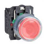 Pulsador Saliente con Capuchón Rojo de Marca Schneider Electric de Serie Harmony XB5 (XB5AP42) con ø22m de Montaje, Cuerpo Plástico, Tipo de Operatorio Retorno de Resorte Contactos NC.