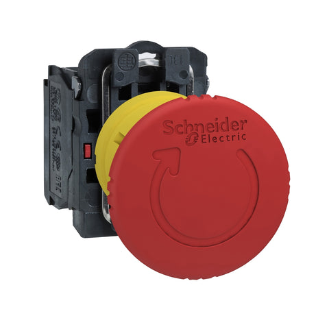Parada de Emergencia ø40mm Rojo Tipo Hongo con Tipo de Reset Girar para Desenclavar de Marca Schneider Electric de Serie Harmony XB5 (XB5AS8442) con ø22m de Montaje, Cuerpo Plástico,  Contactos NA+NC.